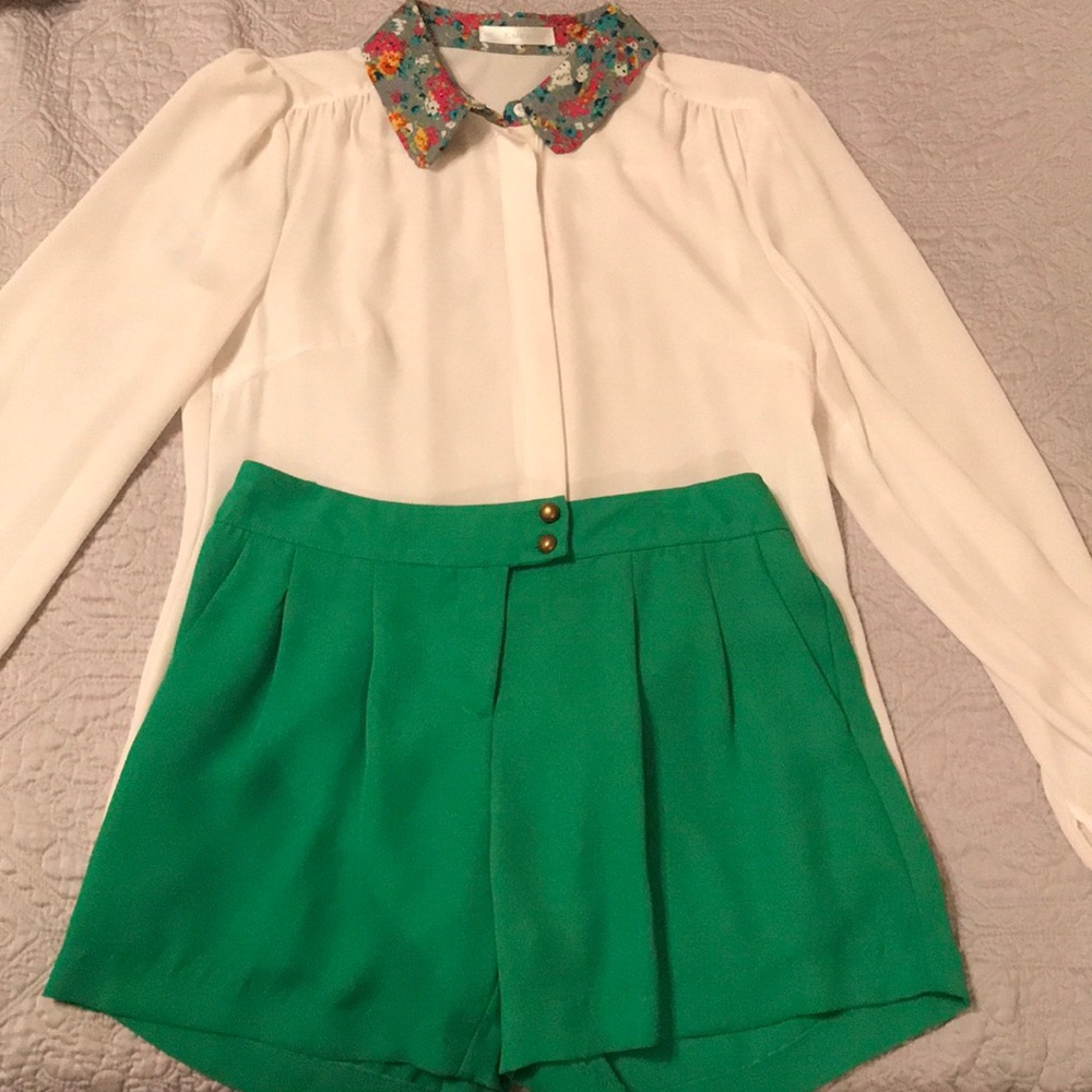 NWOT C Luce pleated and lined green shorts